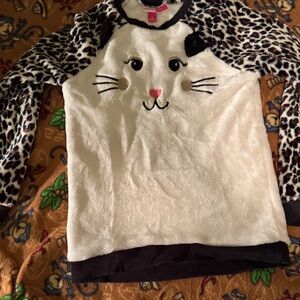 Cozy Cat Face Fleece Pullover - Cream with Leopard Sleeves